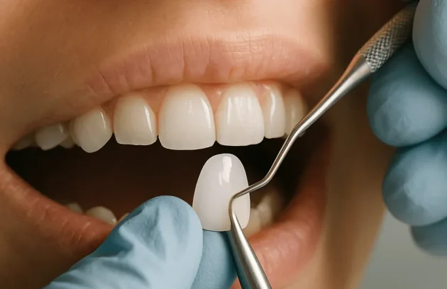 A close-up image of a dentist placing a dental veneer on a patient's front tooth, showing the veneer application process step by step