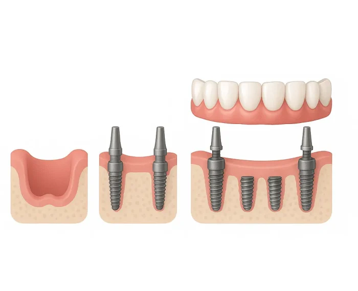 Visual step-by-step illustration of the All-on-4 dental implant treatment process showing jawbone, implants, and full arch prosthesis
