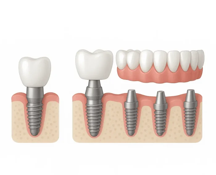 Visual comparison of dental implant options including single crown, implant-supported bridge, and All-on-6 full arch restoration
