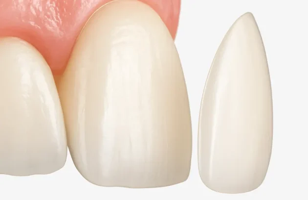 Close-up image of a dental veneer next to a natural front tooth showing veneer placement and tooth anatomy